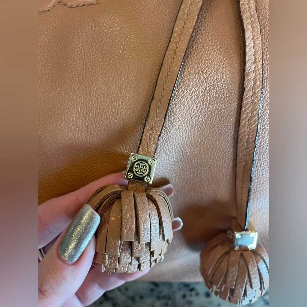 Tory Burch Thea tassel Tan pebbled Leather Tote Bag